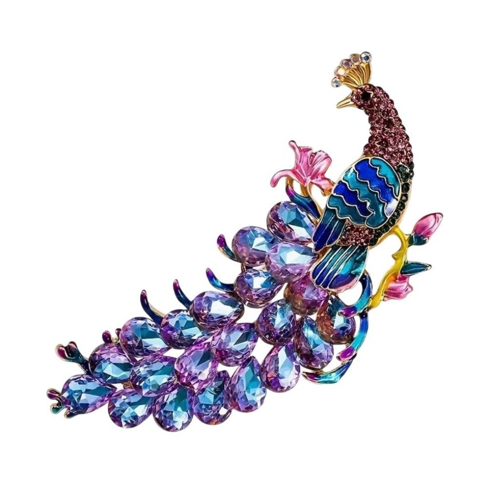 Enamel & Crystal Peacock Brooch Purple & Blue Gold Tone